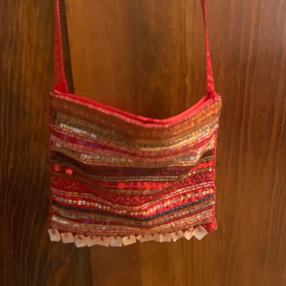Red Silk and Sequin Crossbody Purse